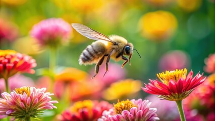 Fototapeta premium Adorable and fluffy bee flying near flowers in a garden, bee, cute, insect, flying, wings, garden, nature, pollination, fuzzy