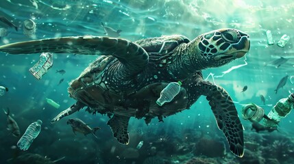 Fototapeta premium Sea turtle swimming in plastic filled ocean. Oceans pollution concept.