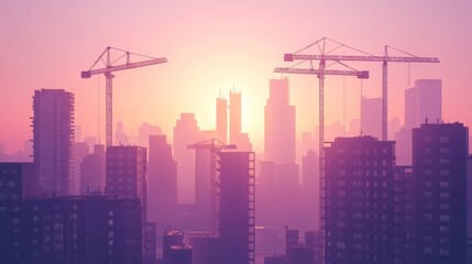 Obraz premium Urban Construction at Sunset Captivating Silhouettes of Cranes Against a Cityscape Background