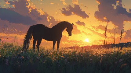 Beautiful horse in the field, anime style