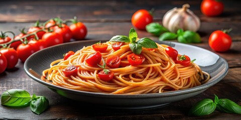 Mouthwatering and luxurious tomato spaghetti dish with perfectly cooked spaghetti , Delicious, gourmet, Italian cuisine, pasta