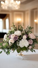 Elegant floral centerpiece decorating table for wedding reception