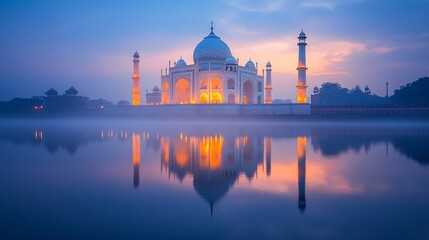 The majestic Taj Mahal at sunrise, with the soft light reflecting off the marble and the Yamuna River in the background.
