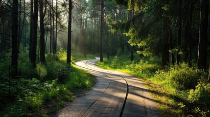 Obraz premium Sunlight filters through a serene forest, illuminating a winding path inviting a peaceful journey into nature.
