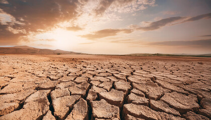 Cracked and parched earth beneath stunning and vibrant sunset, climate change. Landscape background