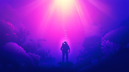 Fototapeta premium Silhouette of a couple standing on a rock, bathed in an ethereal purple and pink glow emanating from the water, surrounded by underwater plants and coral.