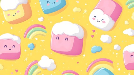 Whimsical Marshmallow Heaven Seamless Pattern in Cartoon Style on Yellow Background with Rainbows and Clouds - Vector Illustration in Pastel Shades