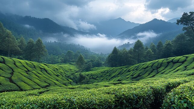 The expansive tea plantations of Munnar, with lush green hills and misty clouds hanging low over the landscape.