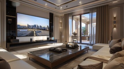 Fototapeta premium elegant living room , big TV screen living room , luxurious living room , spacious living room