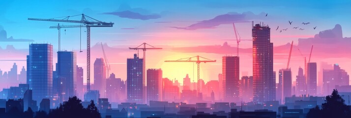 Urban Construction at Sunset Captivating Silhouettes of Cranes Against a Cityscape Background