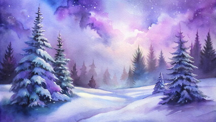 Enchanting snowy winter forest landscape with purple sky in dreamy watercolor style