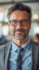 Fototapeta premium A man wearing glasses and a blue shirt with a black tie