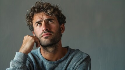 Obraz premium Thinking caucasian man portrait over gray wall background