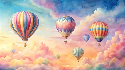 Fototapeta premium Watercolor hot air balloons floating in a pastel sky