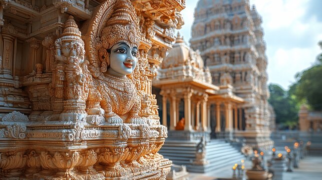 The intricate carvings and towering gopurams of a South Indian temple, with devotees offering prayers and lighting lamps.