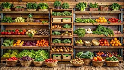 Fototapeta premium Rustic market setting with wooden shelving filled with a variety of fresh produce