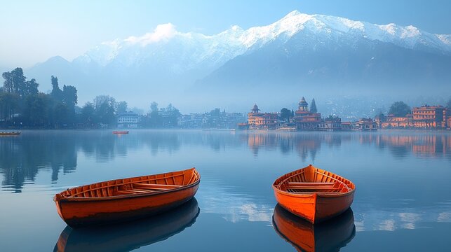 A serene morning view of the Dal Lake in Srinagar, with shikaras gliding across the water and snow-capped mountains in the distance.
