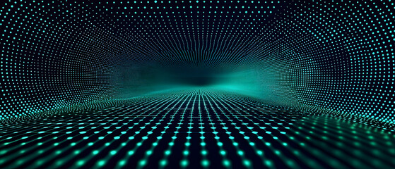 A vector illustration of a fast-paced technology concept, flat colors with a gradient from black to neon green. Dots and lines create a dynamic, perspective-based web, with the vanishing point