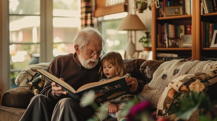 Obraz premium Healthy grandparents sit reading a book with their cute little grandchild in the warm living room of their home.