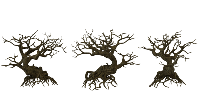 Three gnarled, dead trees on transparent background, Halloween, spooky, haunted forest, deadwood, horror, fantasy