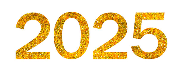 2025 New Year gold glitter numbers. Shiny golden sticker, clip art for holiday decorations, festive cards, posters, banners. Vector illustration isolated on transparent background
