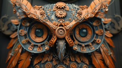 Mechanical owl portrait composed of gears, cogs, and metallic elements. Concept of technological nature and industrial surrealism.