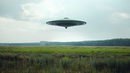 An alien saucer silently floats in the sky over a lush green field