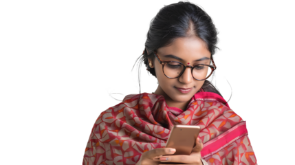 an indian smart women using phone , white background