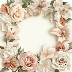 A delicate floral frame of roses, lilies, and alstroemerias on a white background.