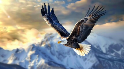 Obraz premium The majestic American Bald Eagle soars high in the sky with its majestic wings. The background is a beautiful sky and clouds.
