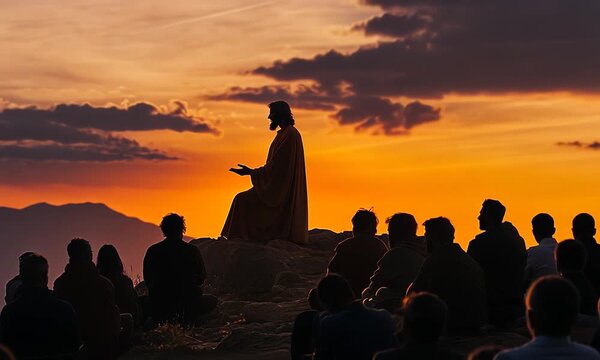 
Silhouette of jesus delivering a powerful sermon illuminated by the setting sun on a mountain top, embodying the essence of biblical gospel teaching and spiritual enlightenment.