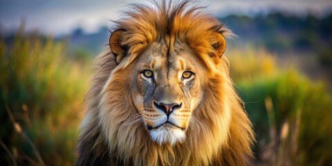 Fototapeta premium Close-up photo of a majestic lion staring directly at the camera in the wild, lion, wildlife, predator, Africa, carnivore