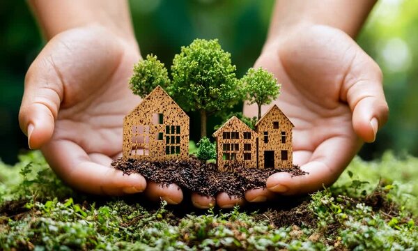 
A diverse group of construction workers collaborating on a green building project, aiming to achieve social equity and economic viability through eco-friendly practices.