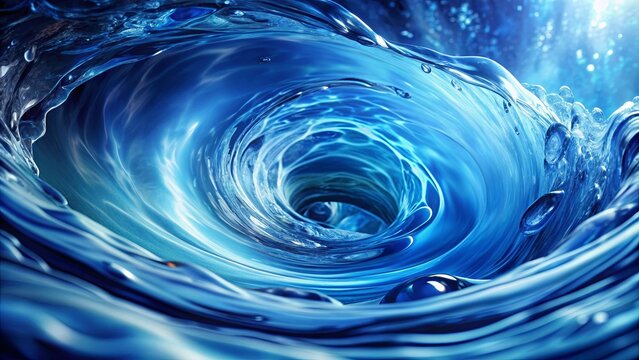 abstract render of swirling blue water waves creating a liquid vortex with droplets
