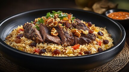 Fototapeta premium Kabsa is served on a plate with boiled and vegetables. Arab food 