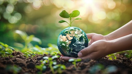 World Environment Day  Human hands holding Earth over green farming.