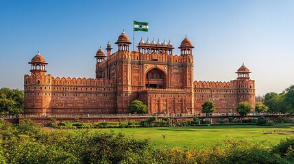 Fototapeta premium The historic Red Fort in Delhi, with its massive red sandstone walls and the Indian tricolor flag flying above.