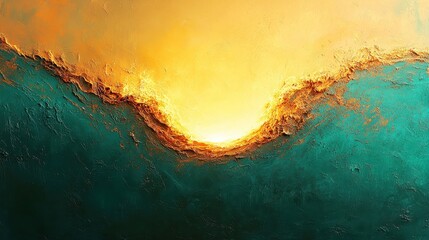 Fototapeta premium Vibrant Abstract Yellow Green Canvas, featuring a luminous gold center surrounded by a dark blue green border, showcasing a soft blurred mottled texture with ample free space.