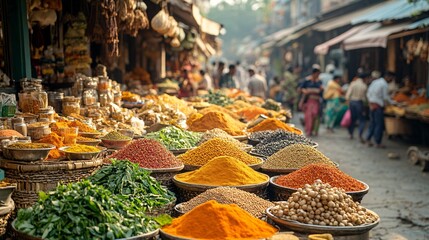 A bustling scene at the spice market in Kochi, with mounds of colorful spices, herbs, and people busy buying and selling.