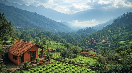 A view of the majestic mountains and valleys of Himachal Pradesh, with terraced fields and quaint villages dotting the landscape.