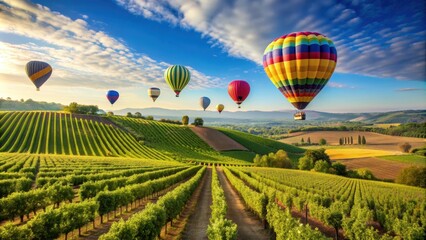 Fototapeta premium Hot air balloons soaring gracefully over a picturesque vineyard landscape, hot air balloons, vineyard, landscape, aerial view