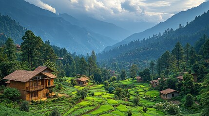 A view of the majestic mountains and valleys of Himachal Pradesh, with terraced fields and quaint villages dotting the landscape.