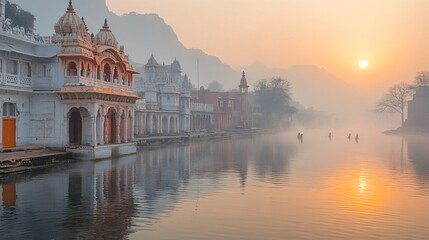 Fototapeta premium A peaceful morning view of the ghats of Pushkar, with devotees taking a dip in the sacred lake surrounded by temples.