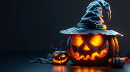 Calabaza de Halloween con sombrero de bruja sobre fondo oscuro