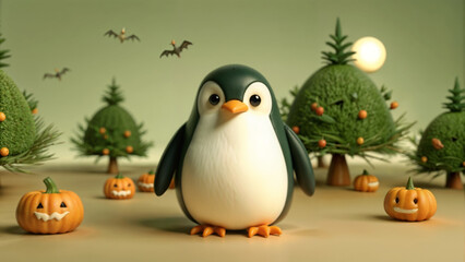 Fototapeta premium Cute penguin cheerfully posing with pumpkins against autumn forest backdrop