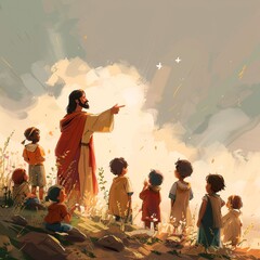 A minimalist drawing of Jesus pointing towards the sky while children gaze up in wonder. The illustration uses soft colors and simple outlines to create a serene and uplifting moment.