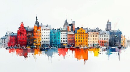 Obraz premium Scandinavian Street Scene, vibrant watercolor illustration showcasing charming Nordic houses with unique architecture, set against a clean white backdrop for a serene atmosphere