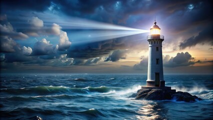 Lighthouse casting light in the dark night ocean, beacon, navigation, guidance, safety, security, maritime, tower