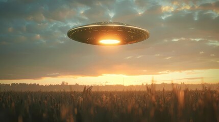 A mysterious flying object emits light over fields during a vibrant sunset