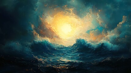 Fototapeta premium Serene Nighttime Ocean Scene, a tranquil depiction of a moonlit sea, gentle waves lapping at the shore, stars twinkling above, evoking calm and reflection.